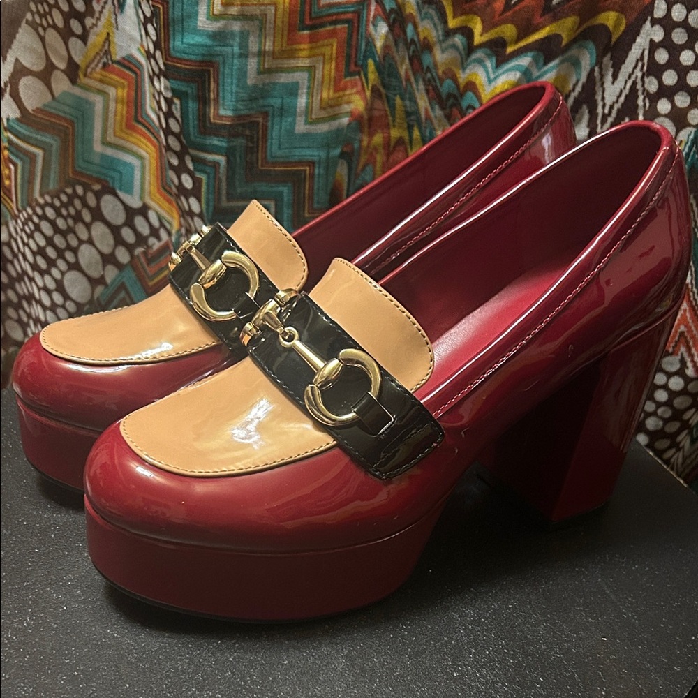 Outrages Red and Tan Women's Patent Leather Platform Loafers